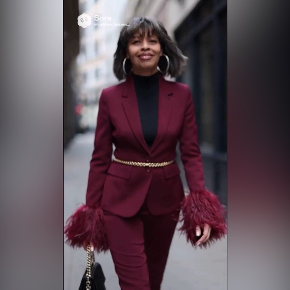Chic Feather Cuff Burgundy Blazer and Pants Set